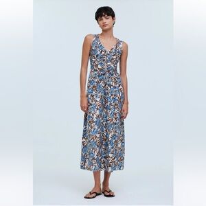 Madewell Sleeveless V-neck Peephole Floral Midi Dress White Brown Blue 10